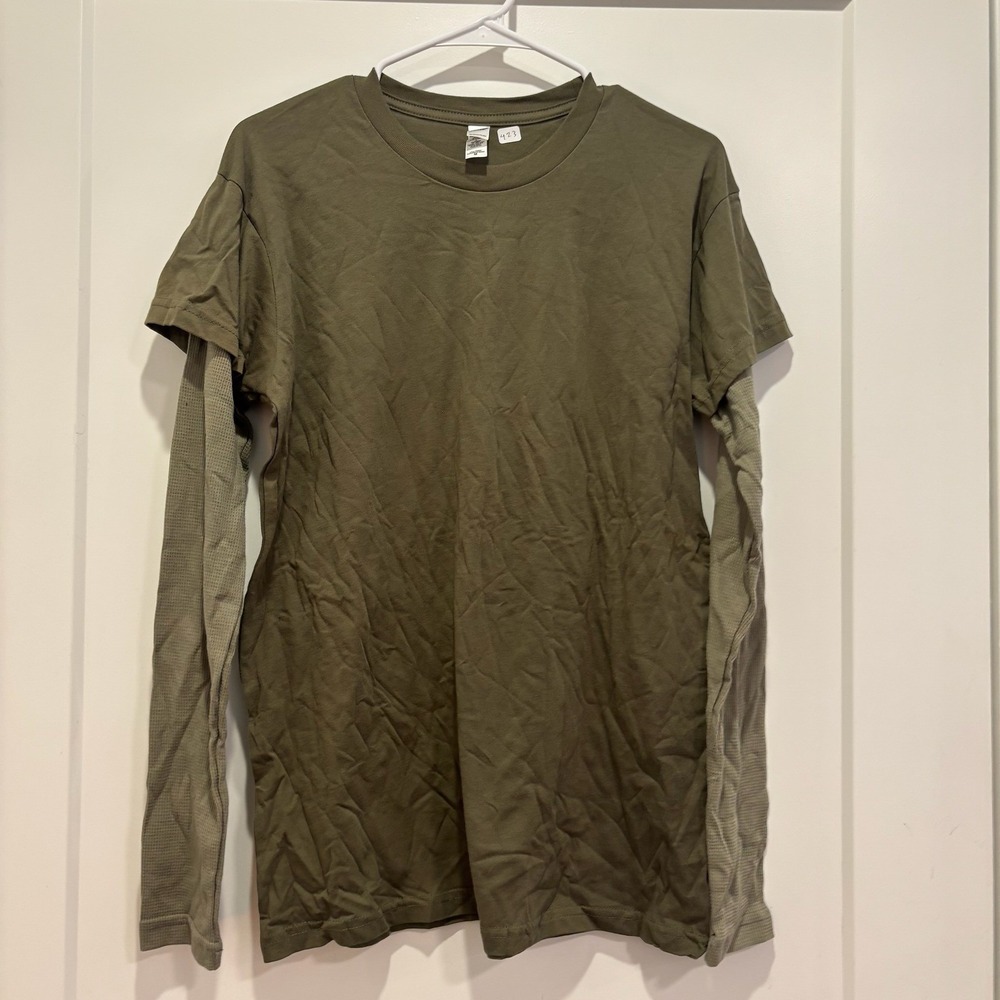 Next Level Apparel Mens Olive‎ Green Layered Waffle Knit Long Sleeve T-Shirt